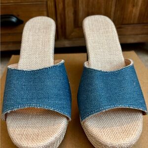 Denim and Tan Women's Slide Wedge Sandals